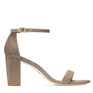 NWT | Stuart Weitzman Nearlynude Block-Heel Sandals | Platinum Glitter | Sz 8.5